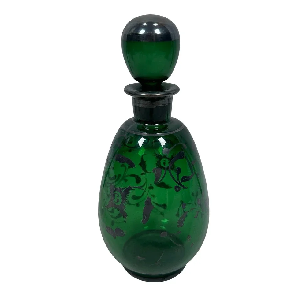 Vintage Empoli‎ Italian Emerald Green Glass Decanter Silver Overlay Floral MCM